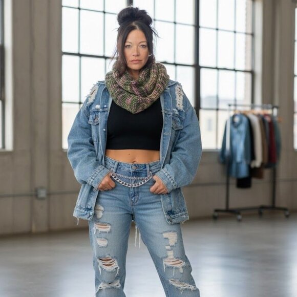 Green Pink Handknit Infinity Scarf - Picture 1 of 4